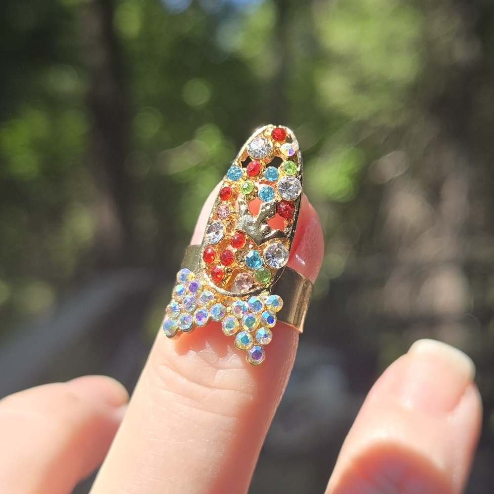 Multi Colored Ornate Gold Bow & Crown Nail Ring - Picture 6 of 8